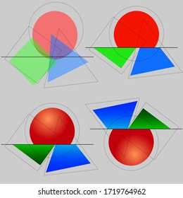 minimal abstract logo of geometric shapes with colored objects of different transparency