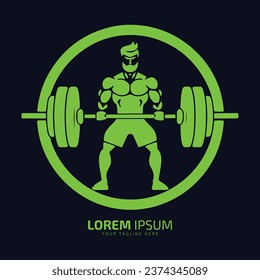 Minimal and abstract logo of man icon boy vector fitness male silhouette isolated with dumbbell in circle in gym club