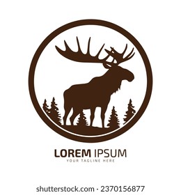 Minimal and abstract logo of moose vector elk icon fur silhouette isolated template design in circle with trees