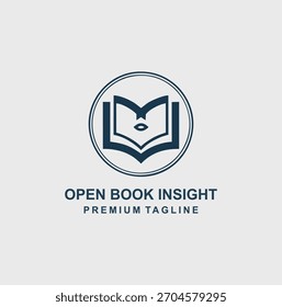 A minimal and abstract logo of an open book with a stylized eye lip shape in the center, symbolizing reading, insight, knowledge, and vision.