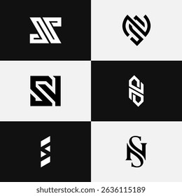 Minimal abstract logo set featuring letter SN and Ns with modern geometric shapes. Perfect for stock market, finance.