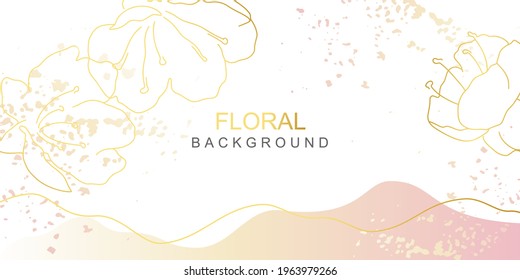 Minimal abstract modern background with flowers, colored shapes and textures. Pink trendy vector template for cover, invitation, banner, poster, flyer, wedding backgrounds, social media wallpaper 