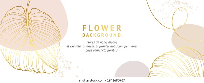 Fondo moderno abstracto mínimo con hojas doradas, formas coloreadas y texturas. Ilustración vectorial de moda para portada, invitación, banner, afiche, volante, antecedentes de boda, fondo de pantalla de medios sociales