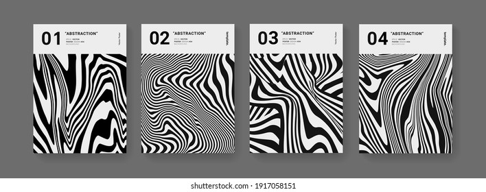 Minimal abstract optical illusion stripped posters set. Modern Pattern futuristic design. Cool monochrome minimalistic templates for Cover, Brochure, Placard and Banner.