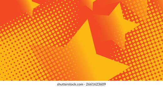Diseño de fondo fluido degradado naranja abstracto mínimo con puntos de semitono coloridos. Patrones geométricos futuros con efecto estrella.