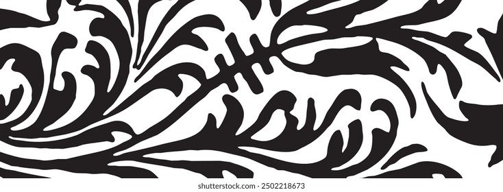 Minimal abstract organic pattern. Hand drawn, doodle line shape. Linocut contemporary print. Nature background. Floral pattern. Modern print in black color. Vector illustration.