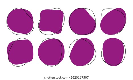 Minimal Abstract Organic Shapes with hand drawn black line accents. Pastel violet Color Vector Composition, fluid silhouette, simple vector smooth ink stain. Perfect for branding, social media