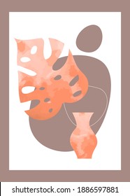 Afiche abstracto mínimo con hoja y maceta con textura acuarela