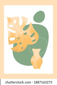 Afiche abstracto mínimo con hoja y maceta con textura acuarela