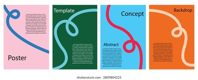 Minimal abstract poster template set with colorful flowing line elements, editable vertical layouts for branding, advertising, brochures, presentations, publications, creative marketing materials, and modern graphic projects.