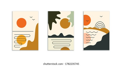 Afiches abstractos mínimos con sol en el cielo sobre el mar. Un paisaje marino minimalista. Arte contemporáneo mínimo. Aplicable como póster o tarjeta de papel pintado. Ilustración vectorial.