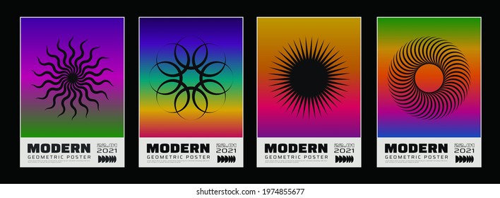 Minimal Abstract Rave Posters Set. Swiss Design Composition With Geometric Shapes. Modern Pattern. Futuristic Logo Elements.