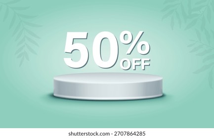 Escena abstracta mínima con un podio cilíndrico con hojas y un letrero de 50% de descuento, perfecta para vitrinas de productos, Anuncios de ventas, presentaciones de cosméticos y promociones de descuentos.