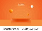 Minimal abstract scene with podium, air flying geometric bubble shapes on orange background.