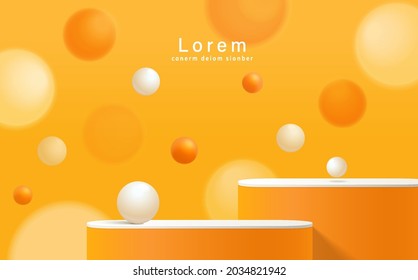 Minimal abstract scene with podium, air flying geometric bubble shapes on orange background.