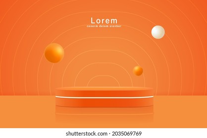 Minimal abstract scene with podium, air flying geometric bubble shapes on orange background. - Shutterstock ID 2035069769