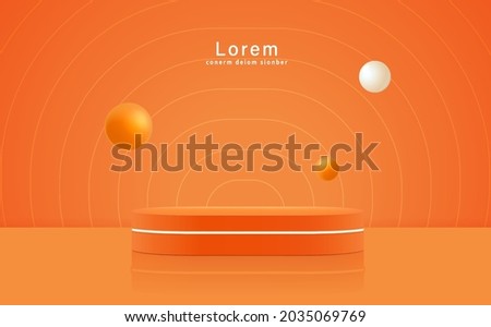 Minimal abstract scene with podium, air flying geometric bubble shapes on orange background.