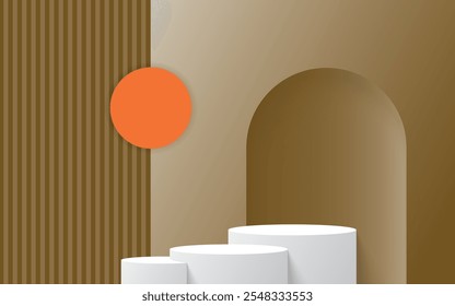 La escena abstracta mínima con un podio y Formas geométricas de burbujas sobre un fondo marrón.