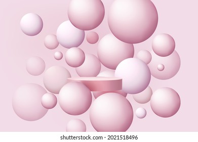 Minimal abstract scene with podium or platform, air flying geometric bubble shapes on pink background.