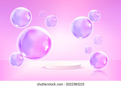 Minimal abstract scene with podium or platform, air flying geometric bubble shapes on blue background.