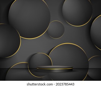 Minimal abstract scene with podium or platform, geometric circle shapes on black background.