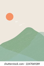 Minimal abstract scenery cover design. For poster, postcard, notebook, book cover, background, social media story, brochure, flyer. Hand-drawn vector illustration. Nature landscape, mountain.