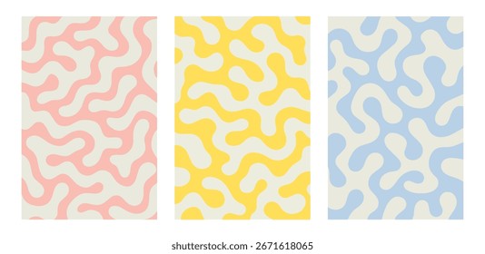 Mínimo abstrato plano de fundo sem costura definido com formas líquidas orgânicas em pastel azul, rosa e amarelo cores
