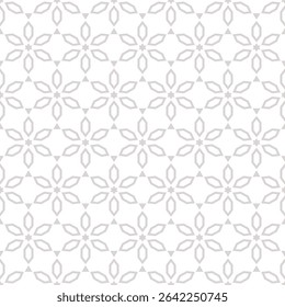 Minimal abstract seamless pattern in asian style. Vector floral geometric ornament. Subtle white and gray texture with stars, flowers, diamonds, lattice. Modern oriental background. Repeat geo design