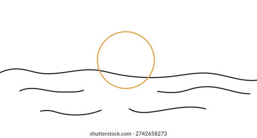 Minimal abstract seascape with sun and waves, clean lineart illustration, modern simple design, elegant geometric background, calm nature scenery.