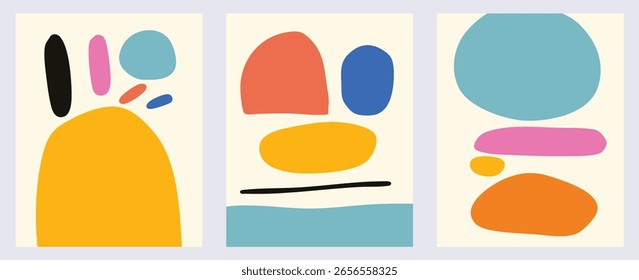 Conjunto de Arte vectorial de Formas Abstractas mínimas de 3 Colecciones de ilustración Boho Midcentury coloridas modernas