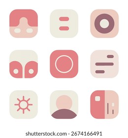Minimal abstract soft UI icons set in pink pastel tone for mobile app and web interface
