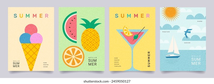 Minimal abstract summer poster set.  Ice cream, watermelon, cocktail, yacht in the sea, sun and modern typography. Summer holidays, journey, vacation illustrations. Template for banner, cover, card.