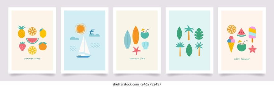 Minimal abstract summer poster set.  Ice cream, watermelon, cocktail, yacht in the sea, sun and modern typography. Summer holidays, journey, vacation illustrations. Template for banner, cover, card.