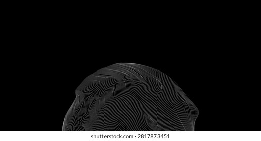 Minimal abstract technology background featuring a flowing wireframe sphere made of curved contour lines positioned at the bottom with large copy space on a black background. Perfect for artificial intelligence, data visualization, digital innovation, science, cybersecurity, presentations, websites, branding, banners, motion graphics, and futuristic technology concepts.