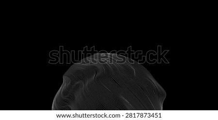 Minimal abstract technology background featuring a flowing wireframe sphere made of curved contour lines positioned at the bottom with large copy space on a black background. Perfect for artificial intelligence, data visualization, digital innovation, science, cybersecurity, presentations, websites, branding, banners, motion graphics, and futuristic technology concepts.