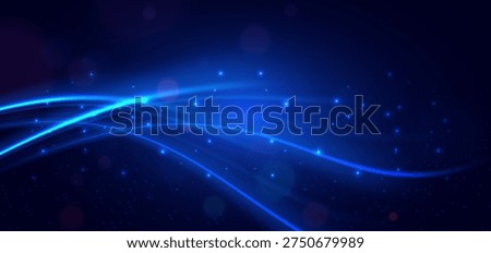 Minimal abstract technology background with smooth blue neon light curve and motion trail on dark gradient backdrop. Vector illustration