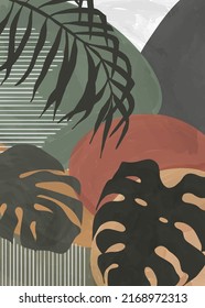 Resumen Mínimo De La Impresión De Leaf Tropical. Vintage, Pintura Botánica con Selva en Estilo Retro. Impresión de interiores y tejidos. Fondo natural exótico en colores apagados