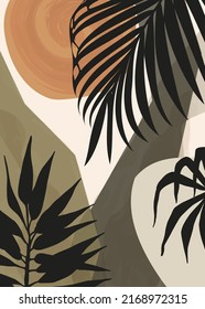 Minimal Abstract Tropical Leaf Art Print. Vintage, Botanical Painting with Jungle in Retro Style. Printing for interior and fabric. Exotic natural background in muted colors
