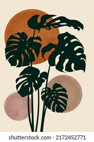 Minimal Abstract Tropical Leaf Art Print. Vintage, Botanical Painting with Jungle in Retro Style. Printing for interior and fabric. Exotic natural background in muted colors