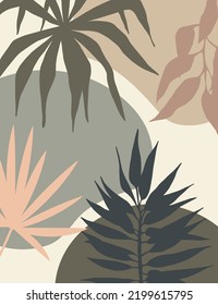 Minimal Abstract Tropical Leaf Art Print. Vintage, Botanical Painting with Jungle in Retro Style. Printing for interior and fabric. Exotic natural background in muted colors