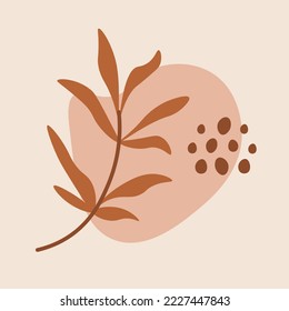 Minimal abstract twig with geometric shape and dots. Trendy modern botanical art. Square floral card poster banner. Decorative isolated vector illustration with soft pink and beige colors