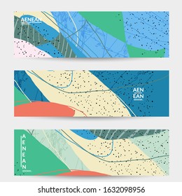 Minimal abstract vector banner template. Organic grunge textured overlapping wavy shapes and lines. Scribbled hand drawn pastel colored background. Striped dotted leaf forms. Contemporary design.
