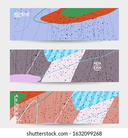 Minimal abstract vector banner template. Organic grunge textured overlapping wavy shapes and lines. Scribbled hand drawn pastel colored background. Striped dotted leaf forms. Contemporary design.
