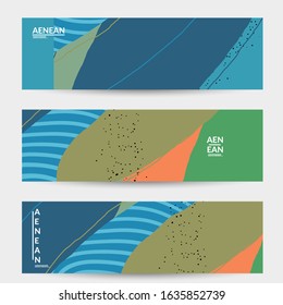 Minimal abstract vector banner template. Organic grunge textured overlapping wavy shapes and lines. Scribbled hand drawn pastel colored background. Striped dotted leaf forms. Contemporary design.
