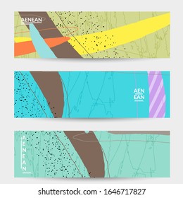 Minimal abstract vector banner template. Organic grunge textured overlapping wavy shapes and lines. Scribbled hand drawn pastel colored background. Striped dotted leaf forms. Contemporary design.
