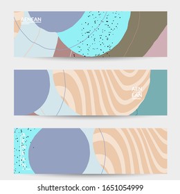 Minimal abstract vector banner template. Organic grunge textured overlapping wavy shapes and lines. Scribbled hand drawn pastel colored background. Striped dotted leaf forms. Contemporary design.
