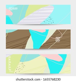 Mínima plantilla de banner vectorial abstracto. Líneas y formas onduladas que se solapan con textura orgánica. Fondo de color pastel dibujado a mano en escaramuza. Formas de hojas punteadas a rayas. Diseño contemporáneo.
