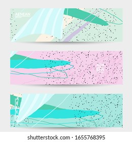 Minimal abstract vector banner template. Organic grunge textured overlapping wavy shapes and lines. Scribbled hand drawn pastel colored background. Striped dotted leaf forms. Contemporary design.
