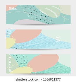 Minimal abstract vector banner template. Organic grunge textured overlapping wavy shapes and lines. Scribbled hand drawn pastel colored background. Striped dotted leaf forms. Contemporary design.

