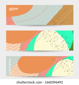 Mínima plantilla de banner vectorial abstracto. Líneas y formas onduladas que se solapan con textura orgánica. Fondo de color pastel dibujado a mano en escaramuza. Formas de hojas punteadas a rayas. Diseño contemporáneo.
